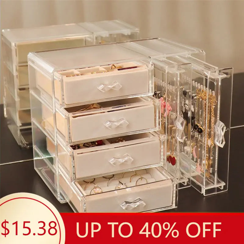 Clear Acrylic Jewelry Box with 4 Drawers Velvet Jewellery Organizer