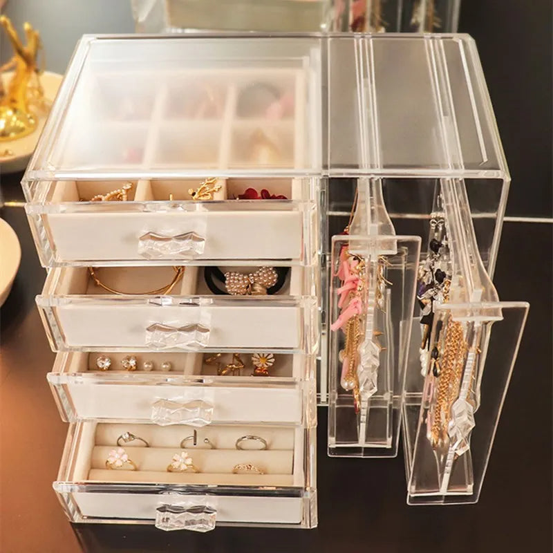 Clear Acrylic Jewelry Box with 4 Drawers Velvet Jewellery Organizer